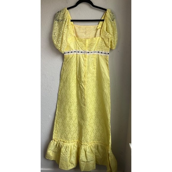 VTG 1960's-70's Sz.Small/XS handmade Empire waist lace maxi dress Yellow Puff sl - Picture 3 of 11